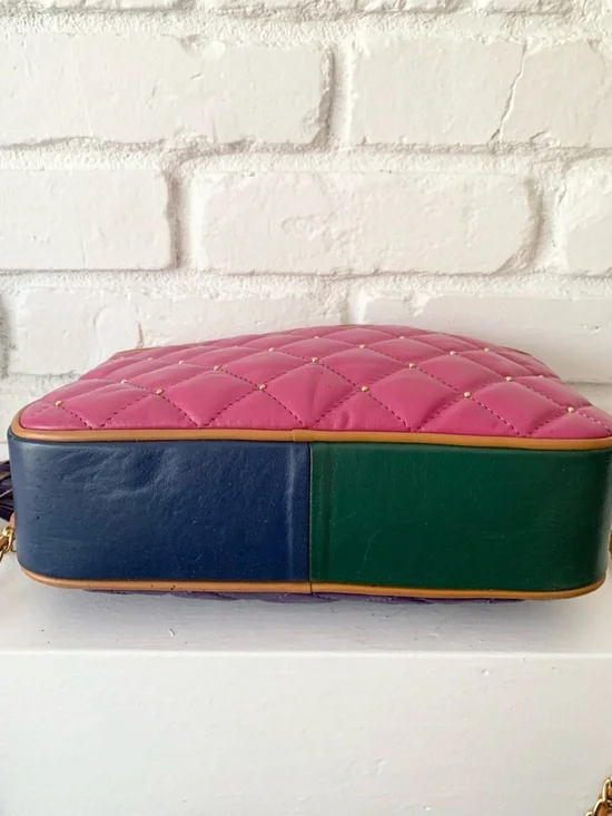 Vintage Quilted Color Block Multi-Color Leather Studded Tassel Crossbody Bag - Picture 13 of 17